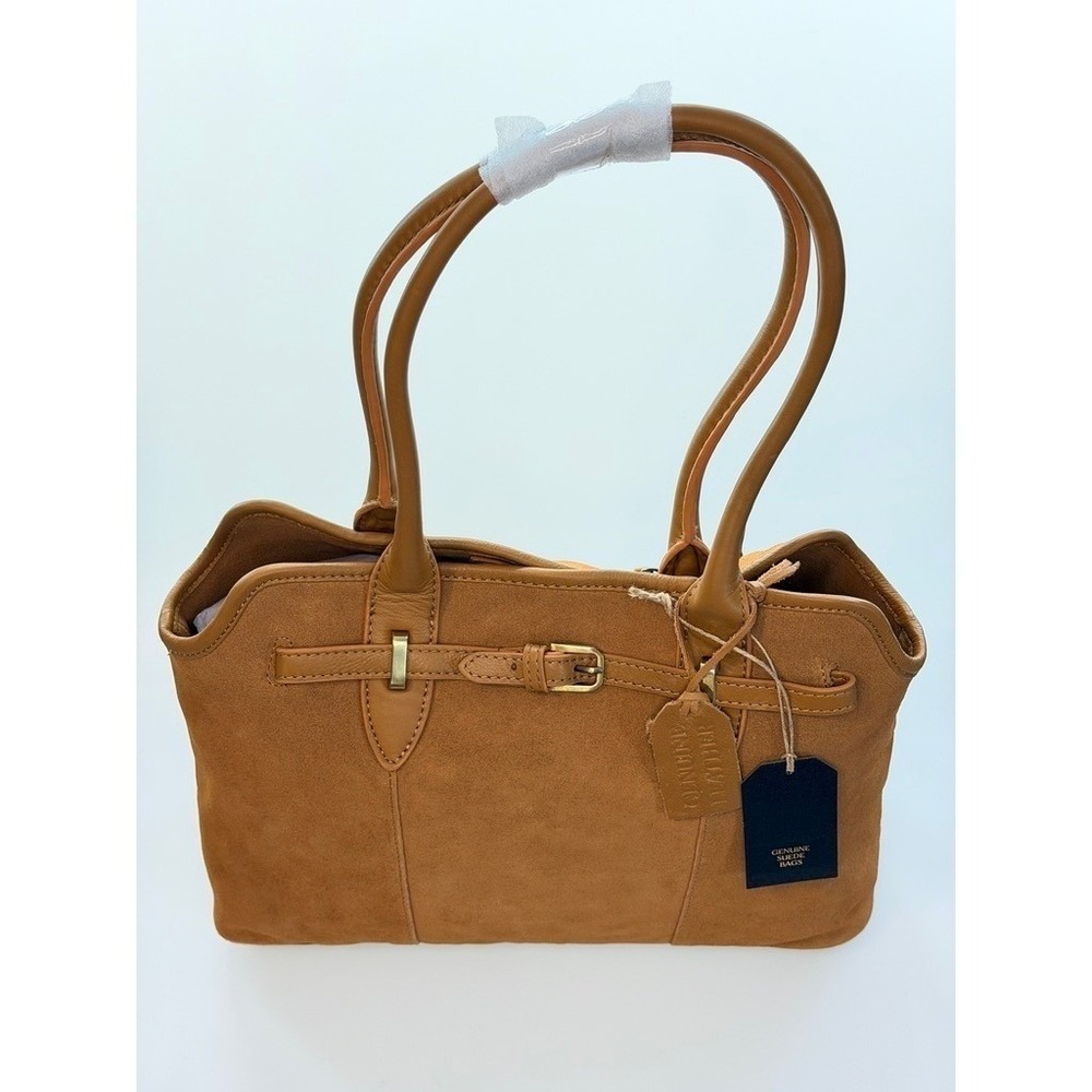NEW Genuine Suede Leather Satchel Tote Camel Work Bag NWT